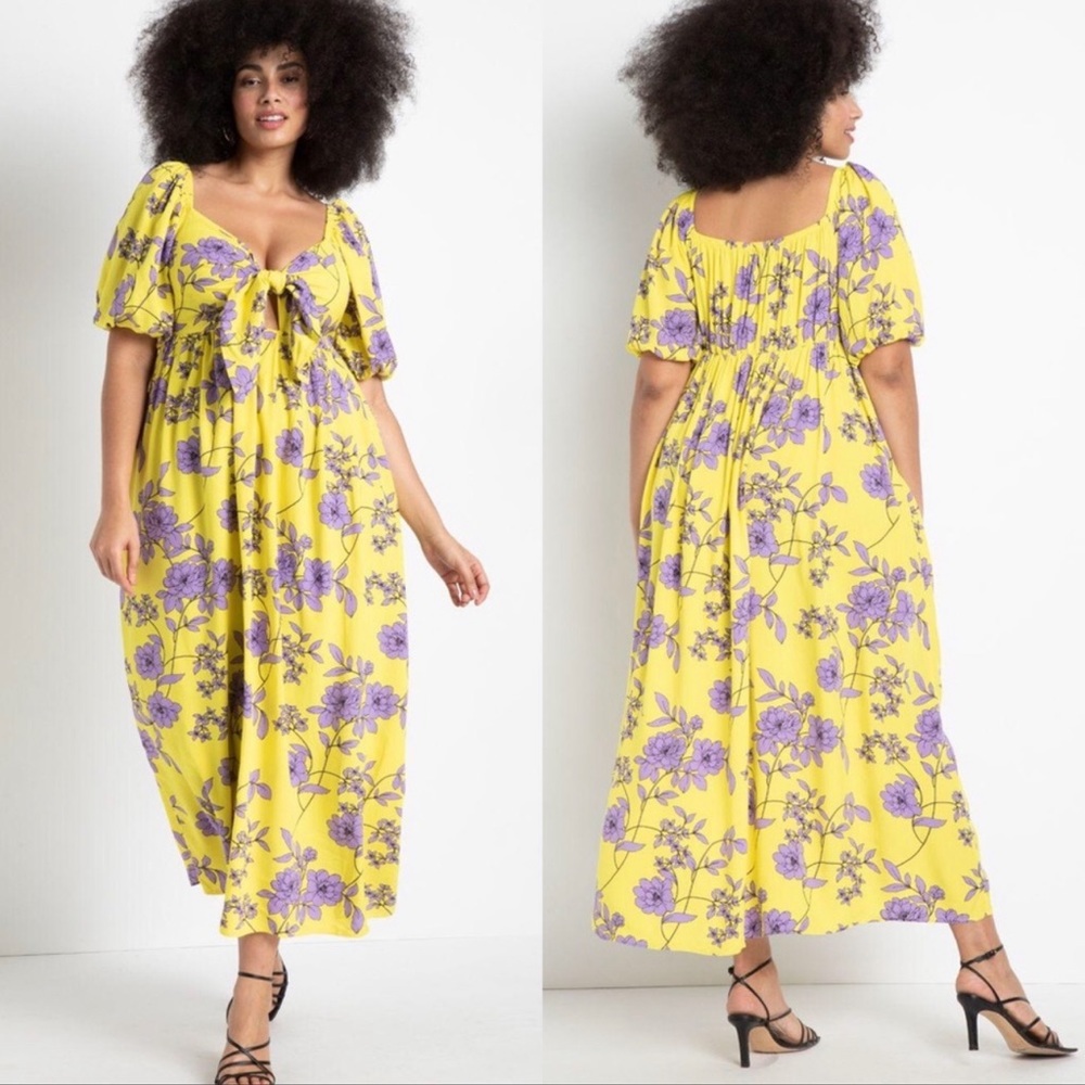 Eloquii | Floral Tie Bust Yellow Purple Flowy Plus Size Maxi Dress 14